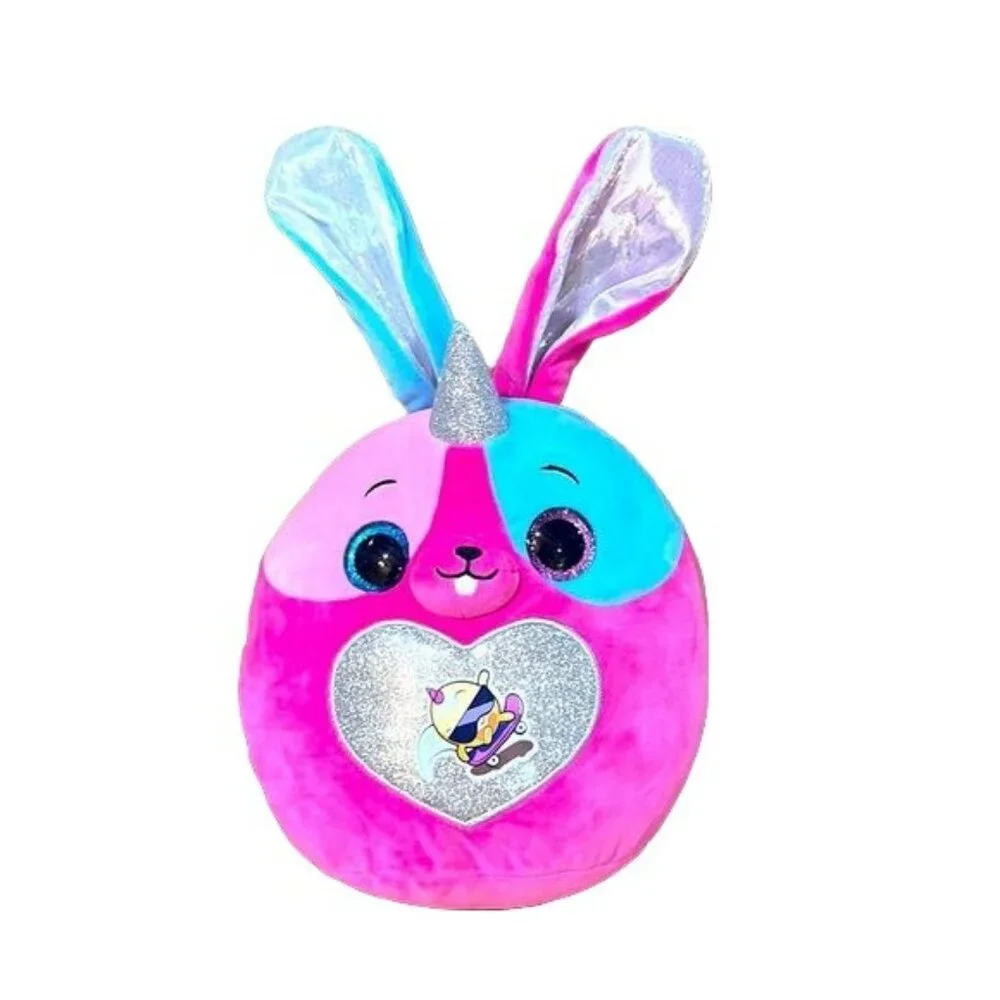 Rainbow Unicorn Bunny Plush Toy With Sparkly Ears & Heart Pink & Blue 12" - Picture 2 of 11